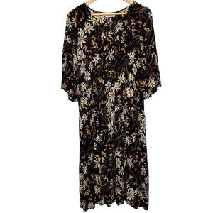 Natural Life Charlotte Midi Dress Small Black Oversized Bell Sleeve Floral Boho